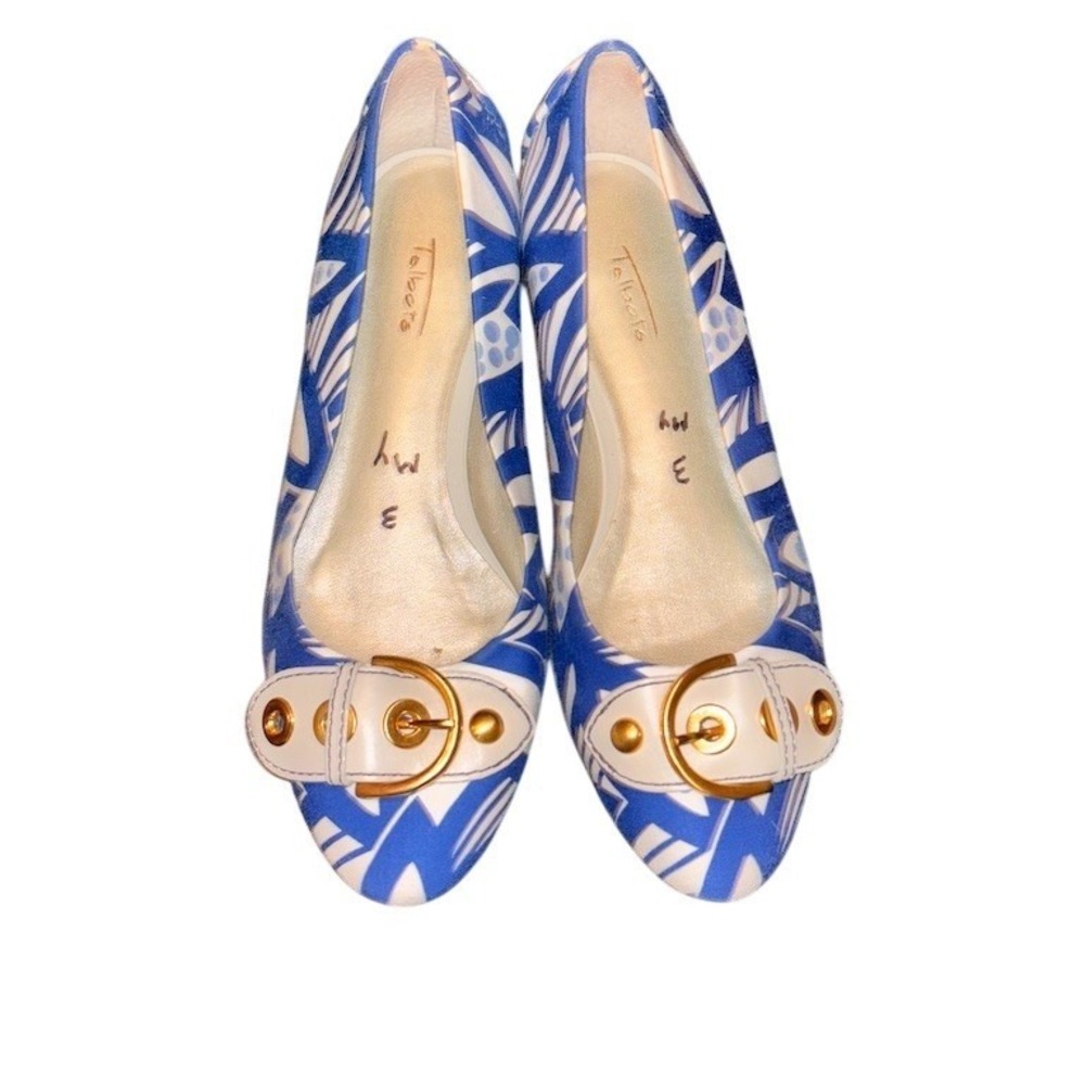 Talbots Ballet Flats Womens 7B Blue White Geometric Gold Buckle Round Toe Shoes